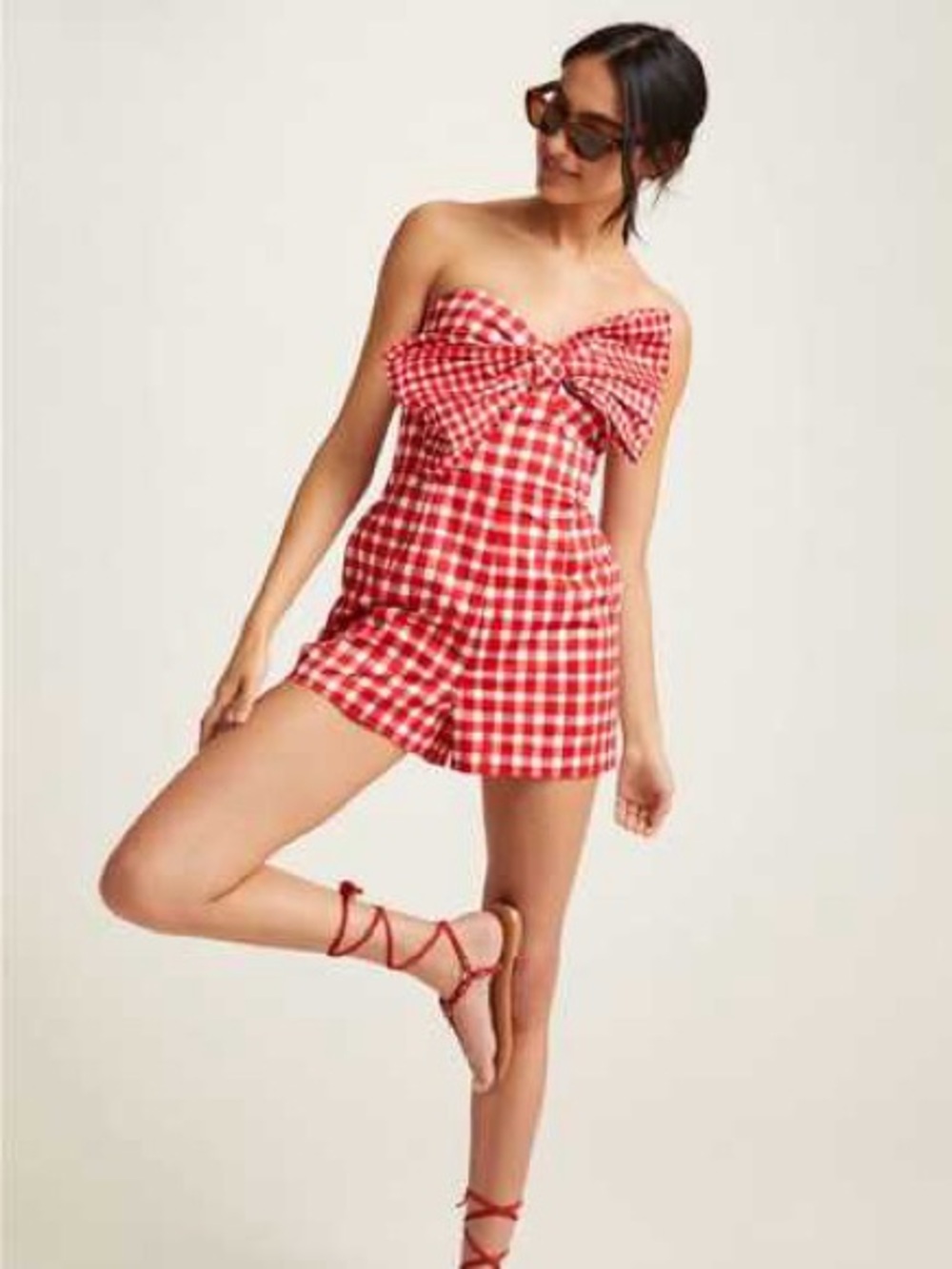 Hutch (Anthropologie) Red Gingham Strapless Bow Romper sz 8 NWT
